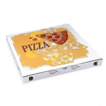 Krabica na pizzu (mikrovlnitá lepenka) C4 biela s potlačou 34,5 x 34,5 x 3 cm [100 ks]