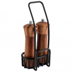 Stojan URBAN 3-dielny set-stojan na jedálny lístok+mlynček soľ+mlynček korenie 12 x 8,5 cm, výška: 24 cm kov tmavý, drevo agát