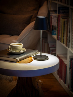 Lampa stolová MERLE, Ø 11 cm, výška: 30,5 cm, nabíjacia stanica, USB nabíjací kábal, dialkové ovládanie s batériou, kov, farba čierna