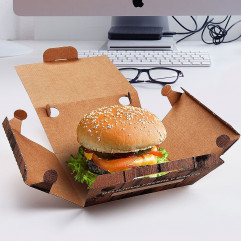 Burger box (mikrovlnitá lepenka) kraft s potlačou 150 x 150 x 95 mm [100 ks]