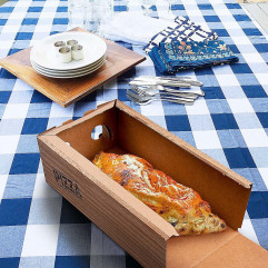 Krabica na pizzu (mikrovlnitá lepenka) R4 Calzone kraft s potlačou 16 x 30 x 10 cm [100 ks]