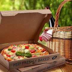 Krabica na pizzu (mikrovlnitá lepenka) H4 kraft s potlačou 29 x 29 x 4 cm [100 ks]