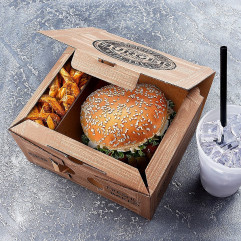 Burger box (mikrovlnitá lepenka) 2dielny kraft s potlačou 210 x 160 x 100 mm [100 ks]